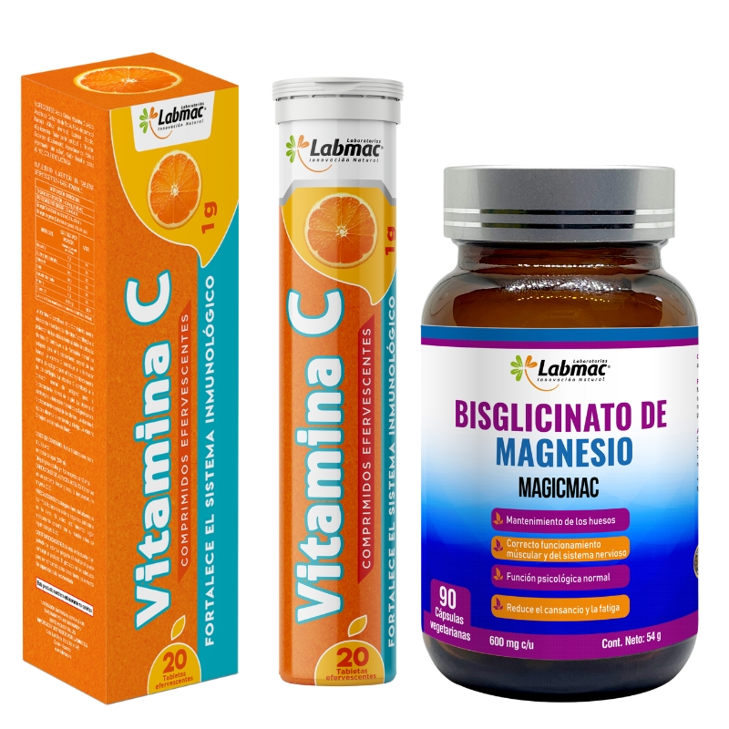 BIS GLICINATO DE MAGNESIO MAGICMAC CAPSULAS 600 mg FRASCO X 90 + VITAMINA C TABLETAS EFERVESCENTES 1g ENVASE X 20 U