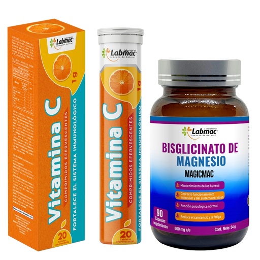 [WKIT-0077] BIS GLICINATO DE MAGNESIO MAGICMAC CAPSULAS 600 mg FRASCO X 90 + VITAMINA C TABLETAS EFERVESCENTES 1g ENVASE X 20 U
